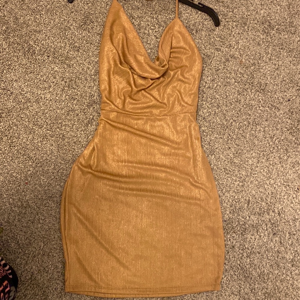 Tight gold dress,bodycon,with a unique top,mini dress